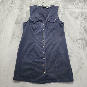 Vintage 90s Crossroads Dress Size L Blue‎ V-Neck Button Front Cotton Western